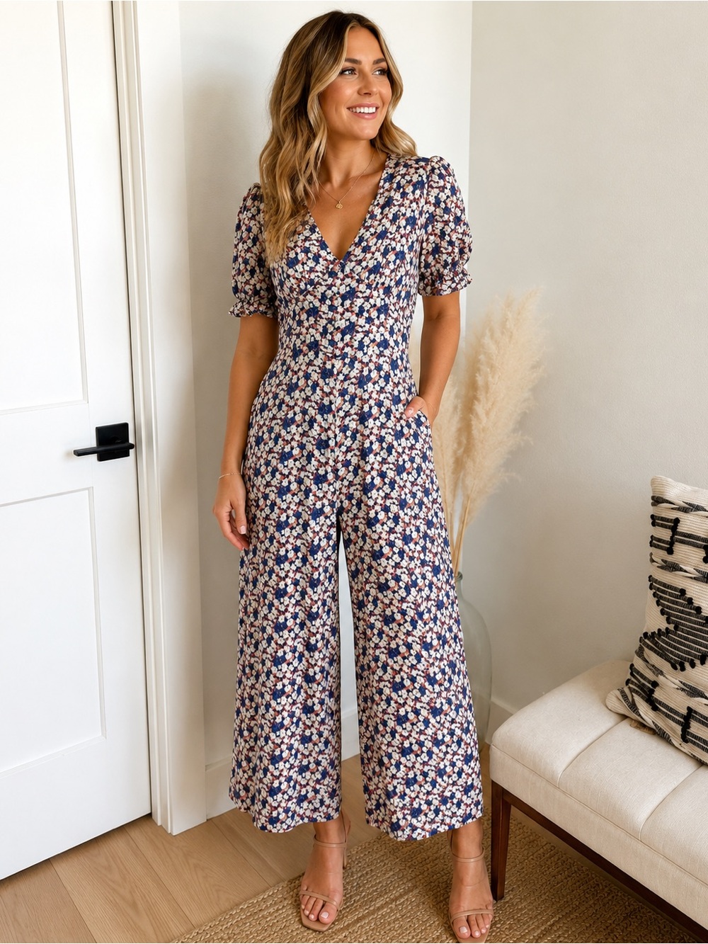 Floral V-Neck Short Sleeve Jumpsuit in Navy and Cream